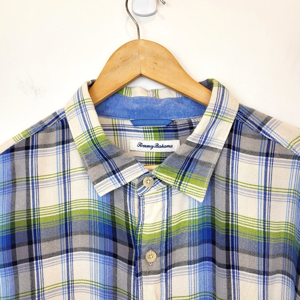 Tommy Bahama White Blue Green Plaid Long Sleeve Button Up Shirt, Size XL, EUC - Picture 3 of 10